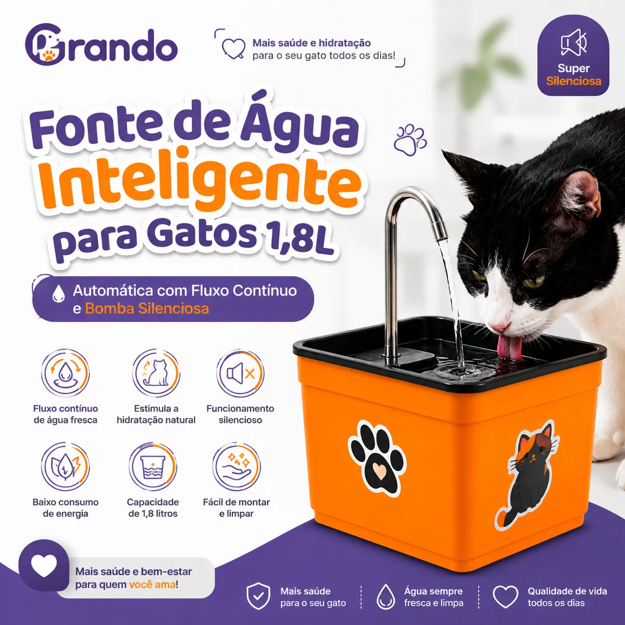 Fonte de Água Inteligente para Gatos 1,8L Automática com Fluxo Contínuo e Bomba Silenciosa